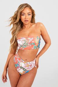 Boohoo High Waist Paisley Bandeau Bikini Set, White