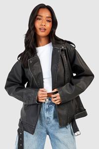 Boohoo Petite Oversized Nepleren Vintage Biker Jas, Black