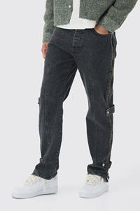 Boohoo Onbewerkte Baggy Acid Wash Gebleekte Jeans Met Rits Detail, Charcoal