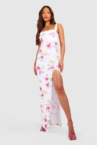 Boohoo Tall Bloemen Maxi Jurk Met Vierkante Hals En Zijsplit, Blush