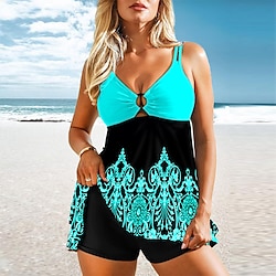 Light in the box Dames Zwemkleding Tankini 2 stuks Grote maten Zwempak 2-stuks Open achterkant Opdrukken voor grote borsten Golven blauw Groen Gewatteerd V-Wire Badpakken nieuw Vakantie Casual