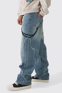 Boohoo Onbewerkte Baggy Laser Print Bliksem Jeans, Vintage Blue