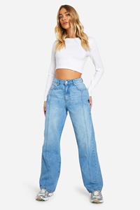 Boohoo Denim Jeans Met Naaddetail En Rechte Pijpen, Mid Blue