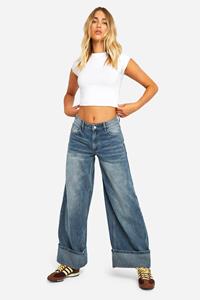 Boohoo Wide Leg Jeans Met Omgeslagen Pijpen, Mid Blue