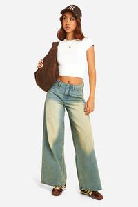 Boohoo Vintage Wash Wide Leg Jeans Zonder Taille, Vintage Blue