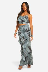 Boohoo Mesh Bloemen Maxi Rok Met Ruches, Grey-Khaki