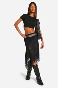 Boohoo Kanten Midi Rok Met Geplooide Tailleband En Zakdoekzoom, Black