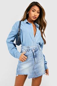 Boohoo Mini Rokje Met Asymmetrische Tailleband En Versleten Zoom, Vintage Wash