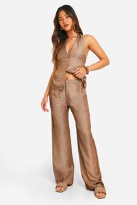 Boohoo Chambray Wide Leg Broek, Chocolate