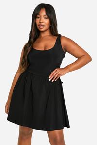 Boohoo Plus Woven Stretch Bow Back Skater Mini Skirt, Black