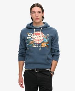 Superdry Mannen Tokyo Hoodie met Vintage Logo en Grafische Print Blauw