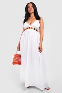 Boohoo Plus Maxi Strand Jurk Met Kraaltjes, White