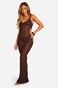 Boohoo Gehaakte Popcorn Strand Maxi Jurk Met Uitsnijding, Chocolate