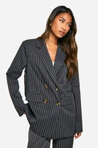 Boohoo Oversized Getailleerde Monochrome Blazer Met Krijtstrepen En Dubbele Knopen, Charcoal