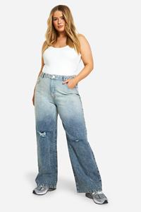 Boohoo Plus Basic Boyfriend Jeans Met Gescheurde Knieën, Grey Blue