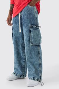 Boohoo Acid Wash Gebleekte Cargo Parachute Jeans Met Elastische Taille, Indigo