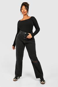 Boohoo Plus Licht Gebleekte Jeans Met Gescheurde Knieën En Rechte Pijpen, Washed Black