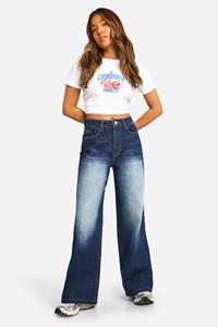 Boohoo Petite Basic High Waist Wide Leg Jeans, Washed Indigo