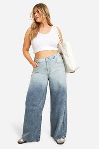 Boohoo Plus Basic High Waist Super Wide Leg Jeans, Grey Blue