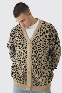 Boohoo Tall Brushed Knit Leopard Print Oversized Cardigan, Taupe