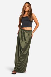 Boohoo Petite Satijnen Maxi Rok Met Touwtjes, Khaki