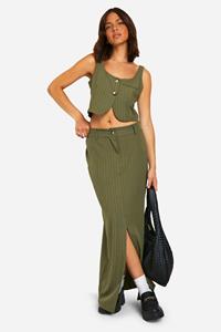 Boohoo Maxi Rok Met Krijtstrepen En Split, Khaki