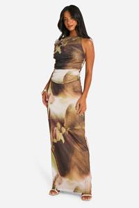 Boohoo Petite Abstracte Mesh Maxi Rok, Natural