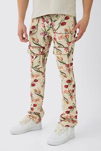 Boohoo Gestreepte Slim Fit Flared Bloemen Cargo Broek Met Tailleband, Ecru