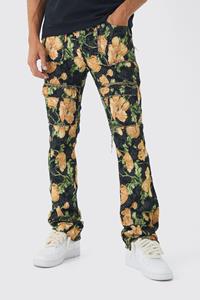 Boohoo Gestreepte Slim Fit Flared Bloemen Cargo Broek Met Tailleband, Black