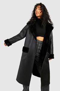 Boohoo Nepleren Jas Met Faux Fur Sjaal Kraag En Ceintuur, Black