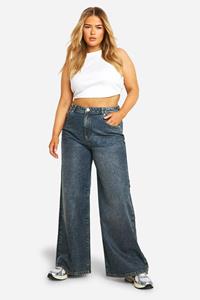 Boohoo Plus Basic High Waist Super Wide Leg Jeans, Vintage Blue