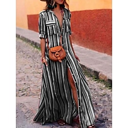 Light in the box Dames Shirtjurk Boho chique jurken Maxi-jurk Vakantie Strand Polyester Bohemen Overhemdkraag nappi Zak Halve mouw Zomer Lente Ruim Passend Gestreept