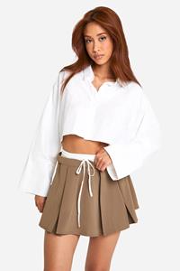 Boohoo Geplooid Mini Rokje Met Contrasterende Tailleband, Mocha