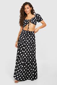 Boohoo Bralette Met Textuur, Stippen En Pofmouwen En Maxi Rok Met Laagjes, Black