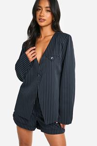 Boohoo Petite Getailleerde Kraagloze Blazer Met Krijtstrepen, Navy