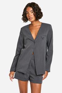 Boohoo Tall Getailleerde Kraagloze Blazer Met Krijtstrepen, Grey