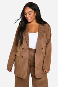 Boohoo Plus Oversized Blazer Met Krijtstrepen En Dubbele Knopen, Mocha