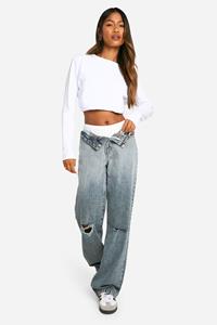 Boohoo Basic Boyfriend Jeans Met Gescheurde Knieën, Grey Blue