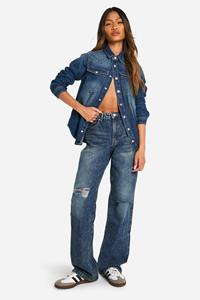 Boohoo Basic Boyfriend Jeans Met Gescheurde Knieën, Vintage Blue