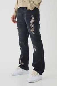 Boohoo Onbewerkte Gebleekte Paisley Jeans Met Wijde Pijpen, Washed Black