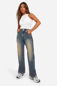 Boohoo Petite Basic Jeans Met Split En Rechte Pijpen, Vintage Wash