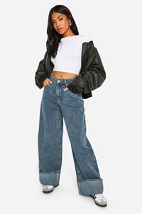 Boohoo Petite Wide Leg Jeans Met Omgeslagen Pijpen, Blue