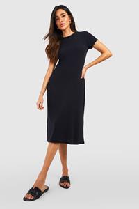 Boohoo Geribbelde Midi Jurk Met Textuur En Korte Mouwen, Black