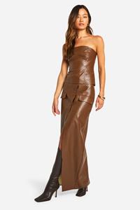 Boohoo Tall Nepleren Maxi Wikkelrok Met Knoop Detail, Chocolate