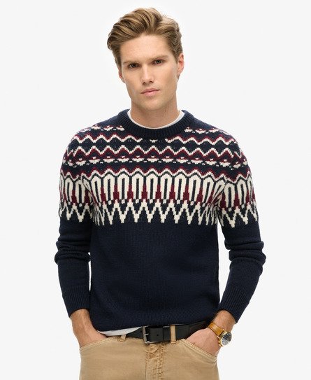 Superdry Mannen Gebreide Fairisle Trui met Ronde Hals Blauw