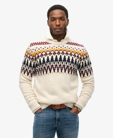 Superdry Mannen Gebreide Fairisle Trui met Ronde Hals Wit