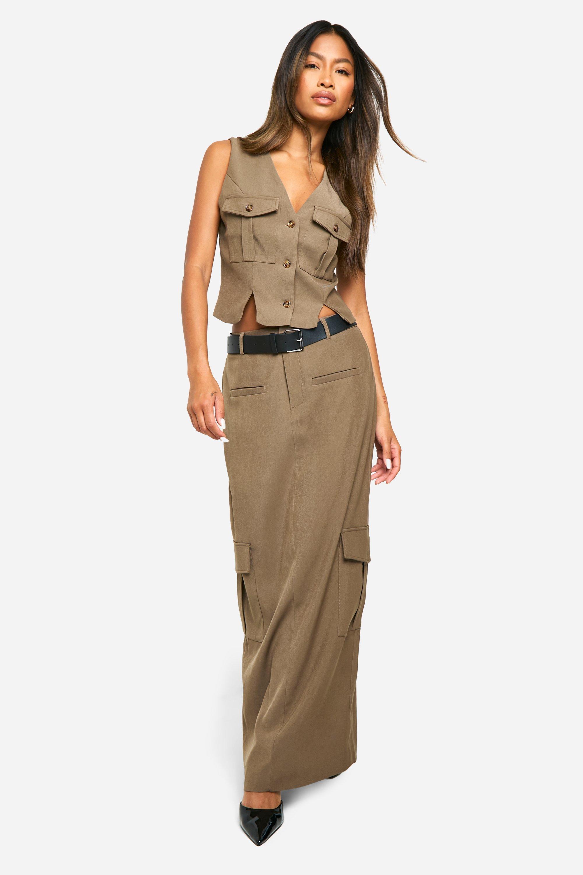 Boohoo Cargo Maxi Rok Met Detail, Khaki