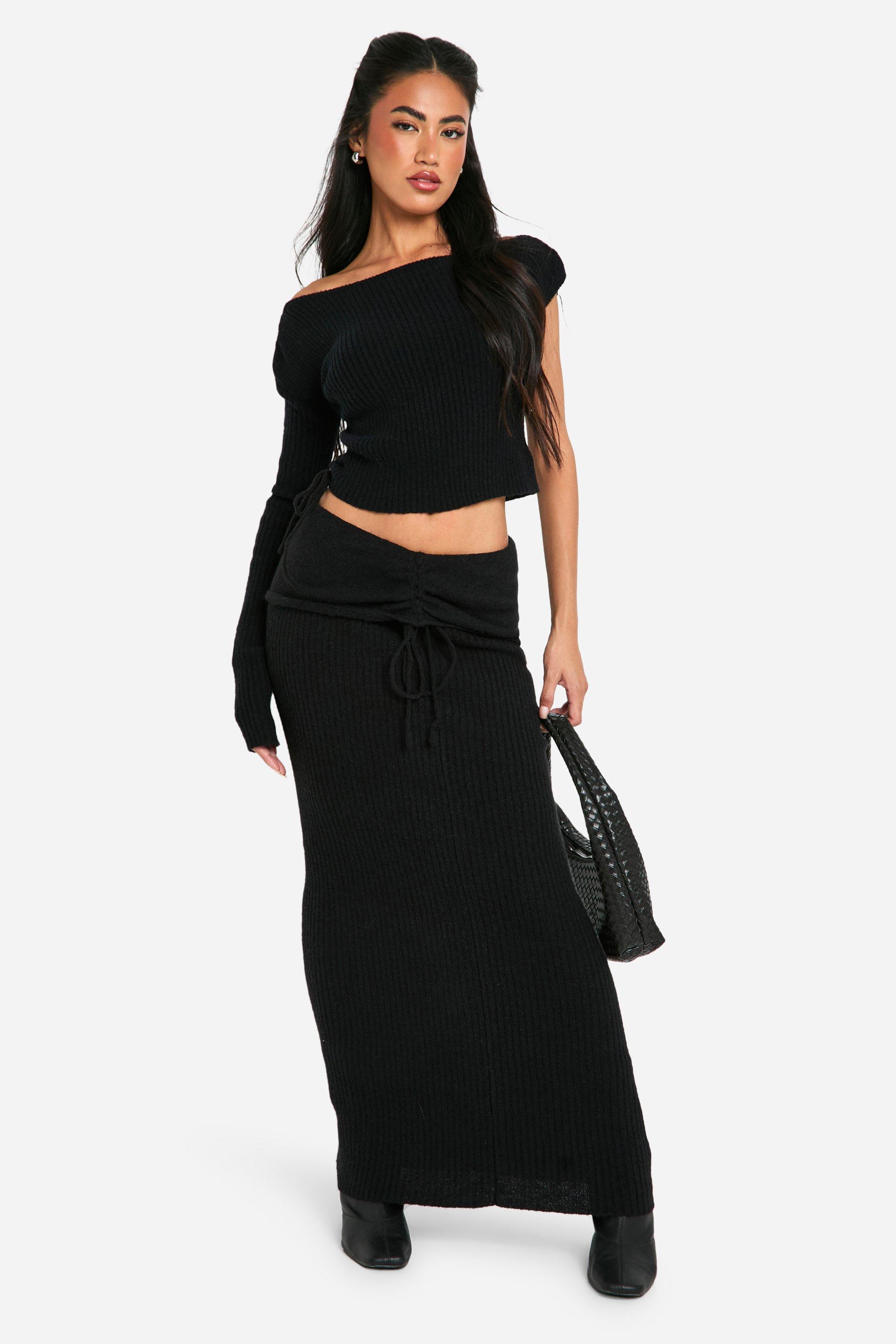 Boohoo Geribbelde Gebreide Crop Top En Maxi Rok Set, Black