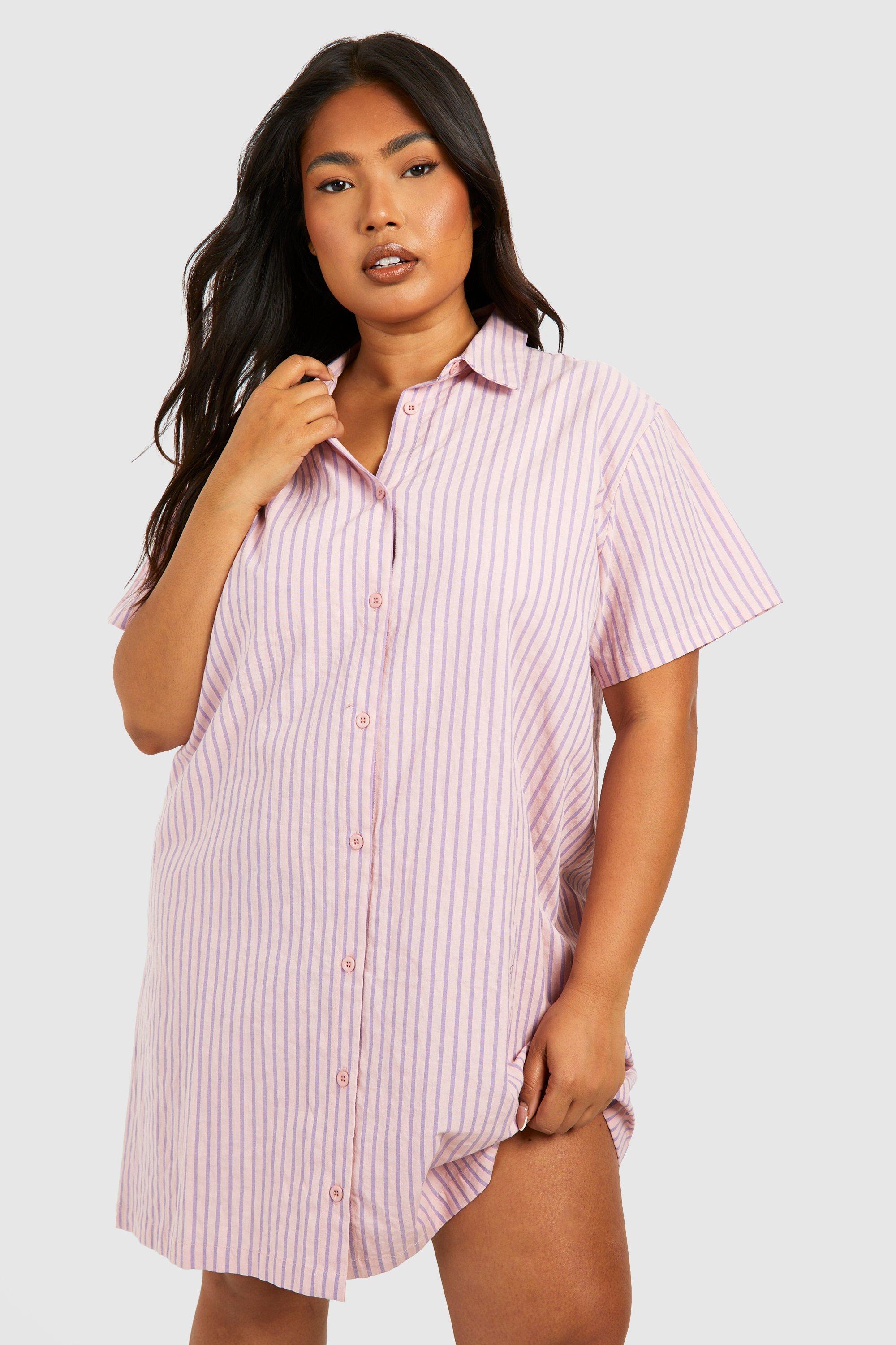 Boohoo Plus Oversized Gestreepte Blouse Jurk Met Korte Mouwen, Pink