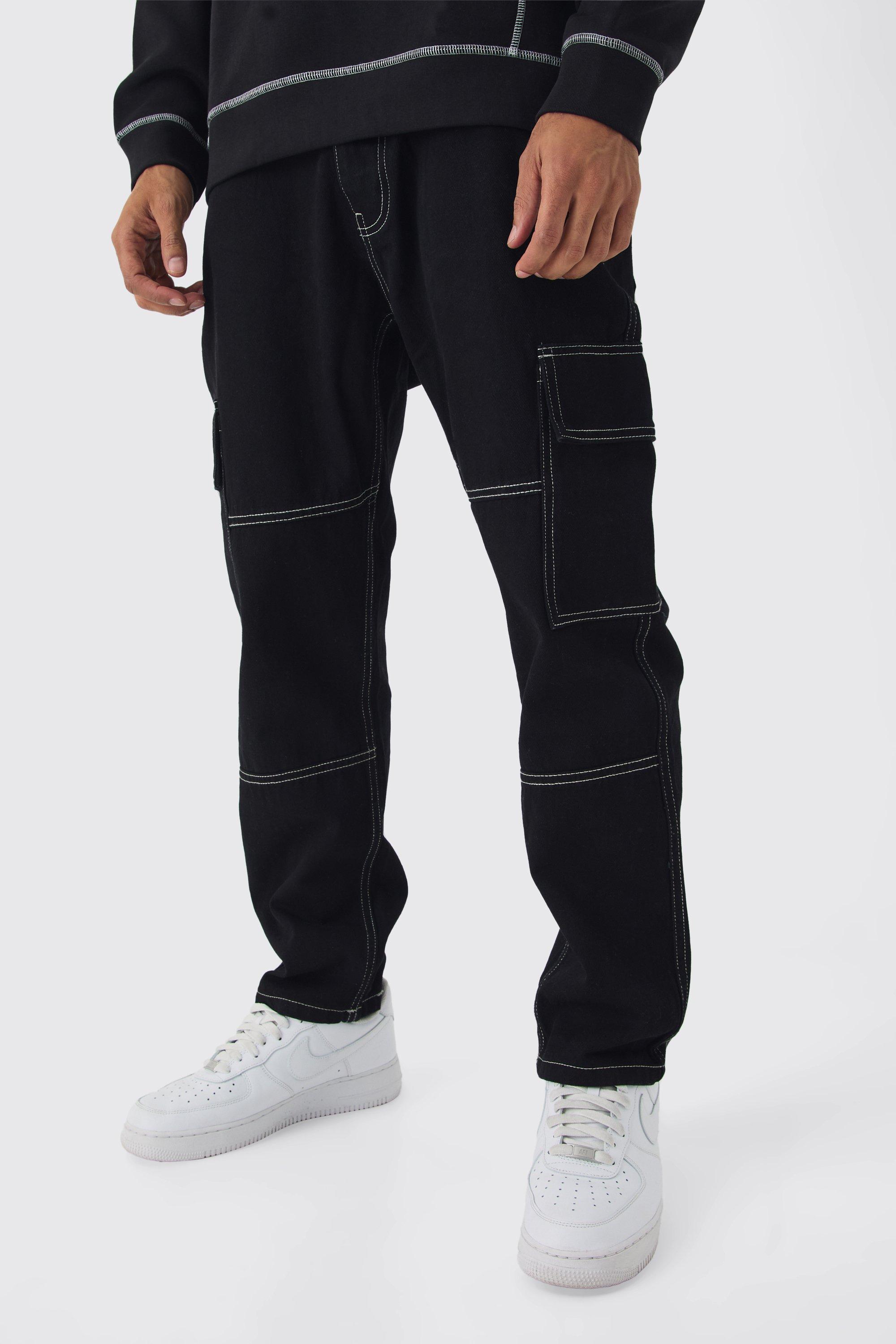 Boohoo Baggy Cargo Jeans Met Contrasterende Stiksels, Black